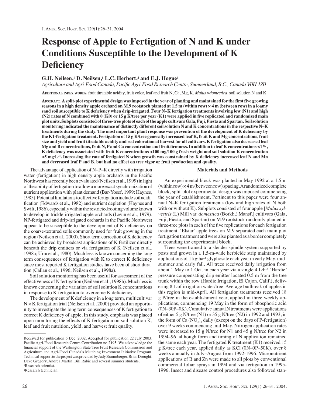 Response of Apple to Fertigation of N and K Under Conditions Susceptible to the Development of K Deﬁ Ciency