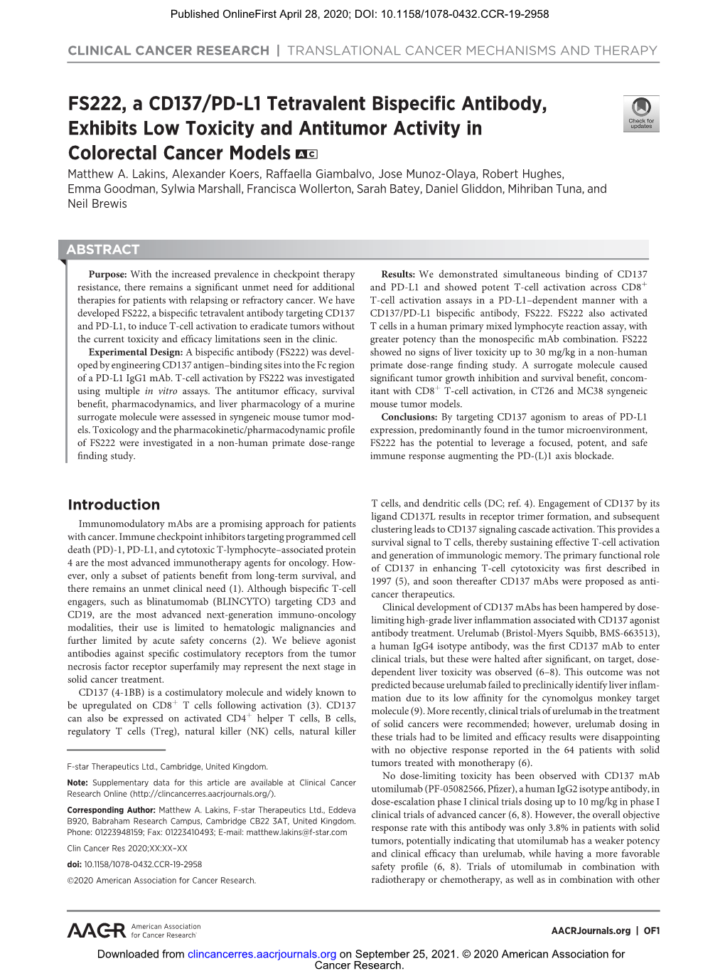 FS222, a CD137/PD-L1 Tetravalent Bispecific Antibody, Exhibits Low Toxicity and Antitumor Activity in Colorectal Cancer Models