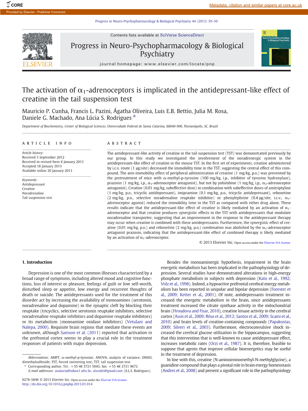 The Activation of Α1-Adrenoceptors Is Implicated in the Antidepressant-Like Effect of Creatine in the Tail Suspension Test