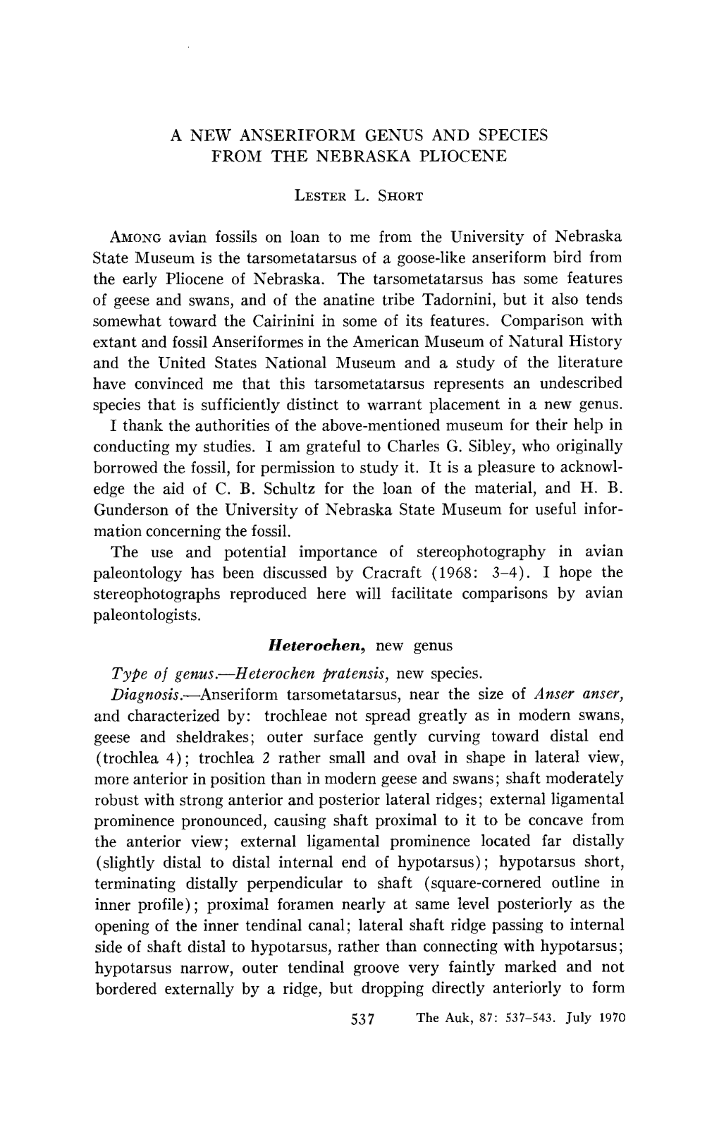 A New Anseriform Genus and Species from the Nebraska Pliocene