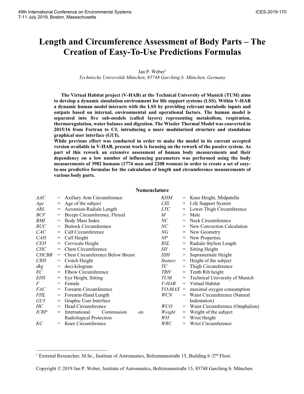 Length and Circumference Assessment of Body Parts – the Creation of Easy-To-Use Predictions Formulas