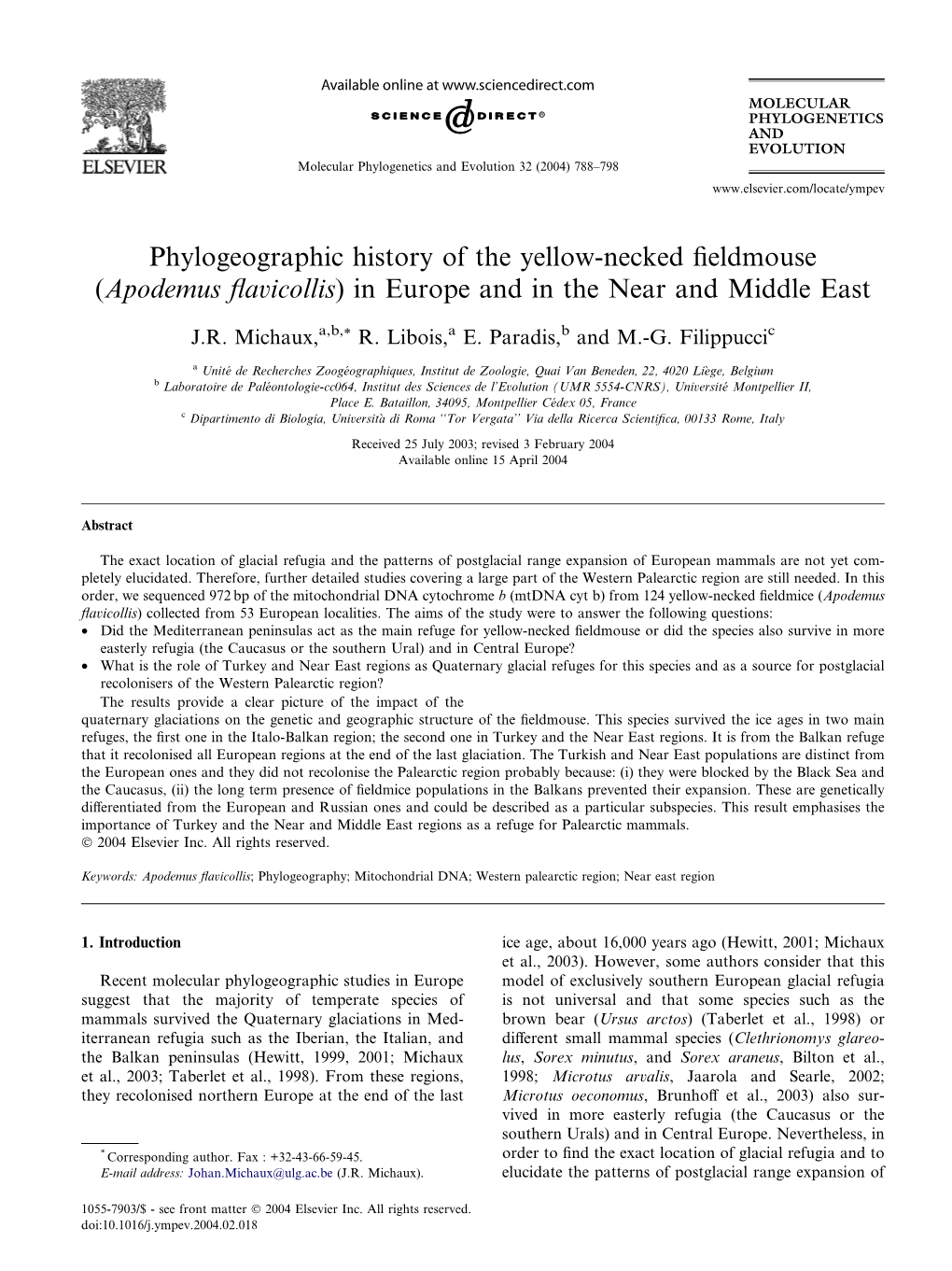 Phylogeographic History of the Yellow-Necked Fieldmouse