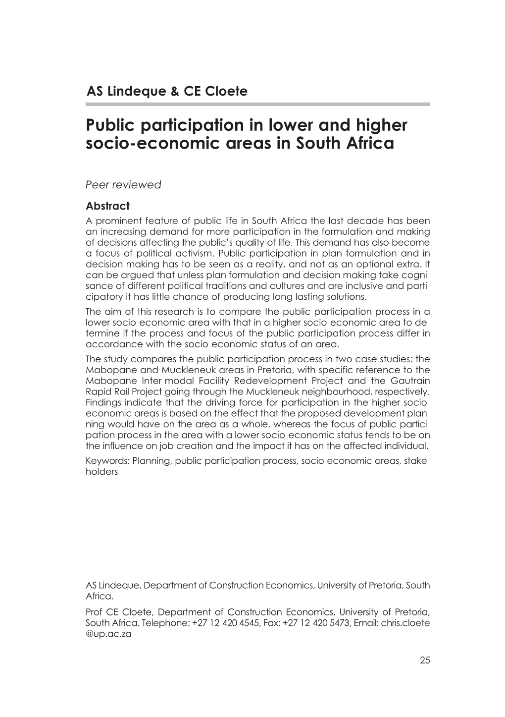 Public Participation in Lower and Higher Socio-Economic Areas in South Africa