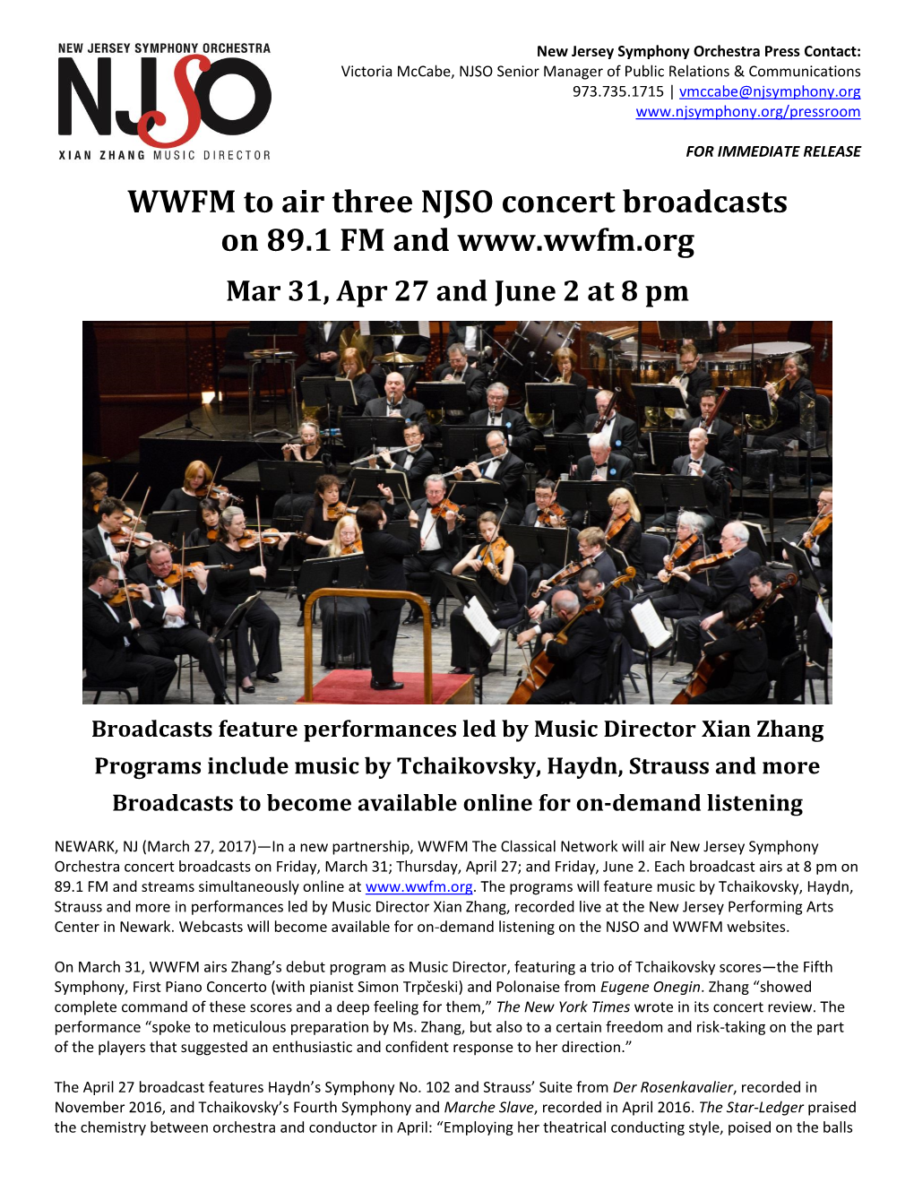 WWFM to Air Three NJSO Concert Broadcasts on 89.1 FM And