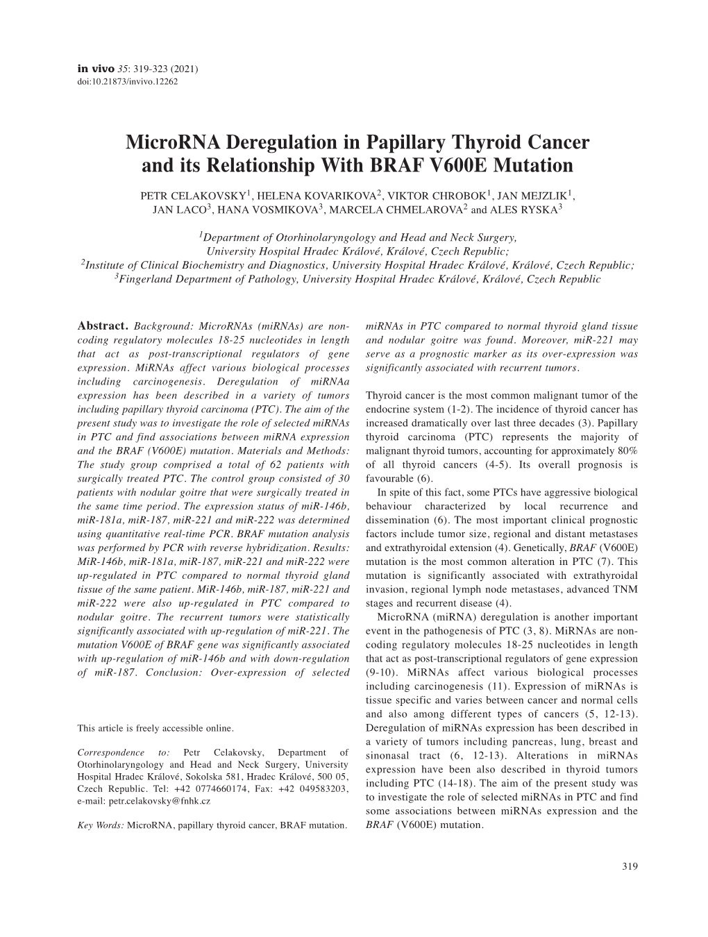 Microrna Deregulation in Papillary Thyroid Cancer and Its