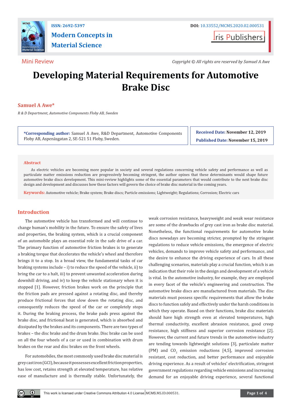 Developing Material Requirements for Automotive Brake Disc