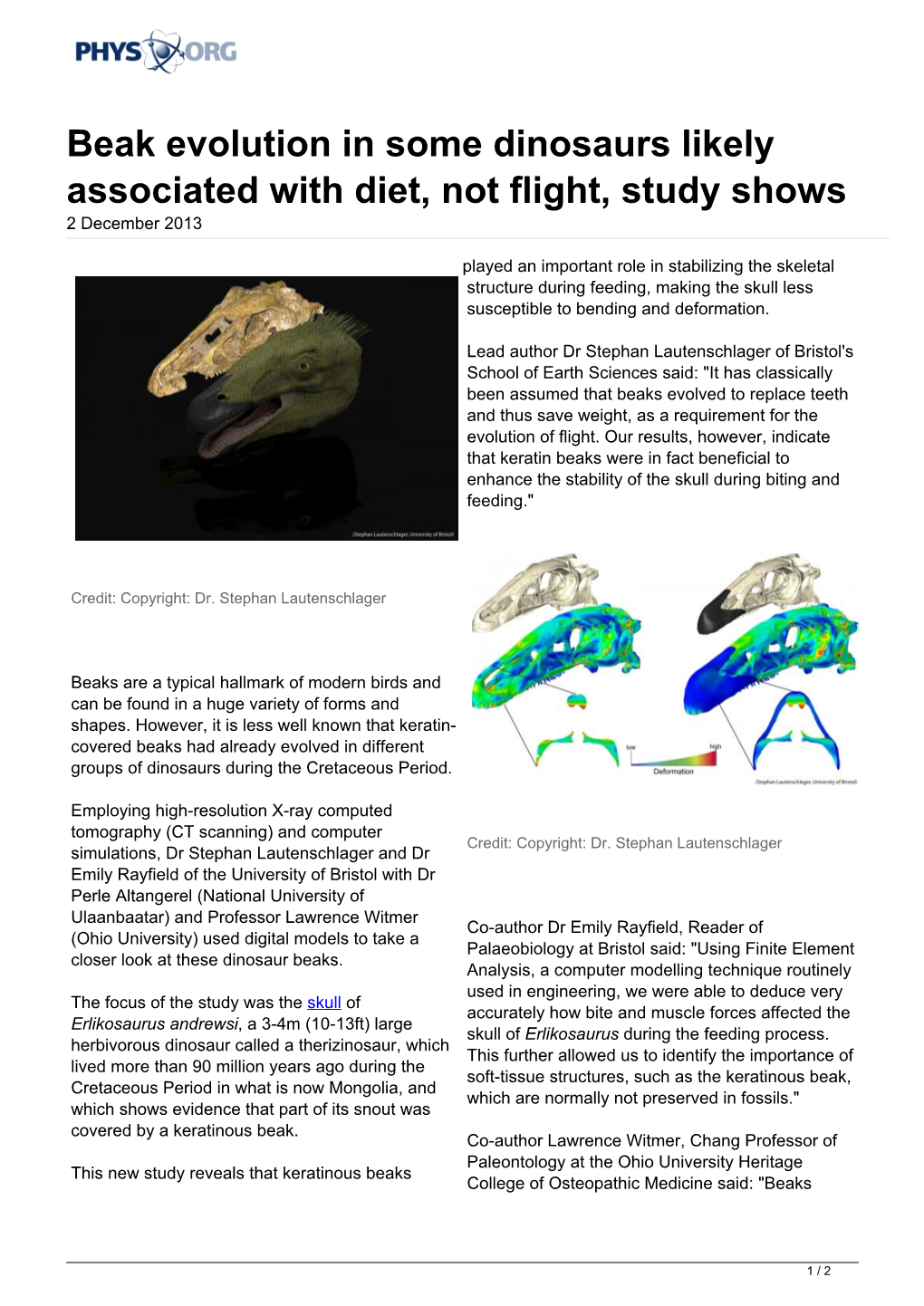 Beak Evolution in Some Dinosaurs Likely Associated with Diet, Not Flight, Study Shows 2 December 2013