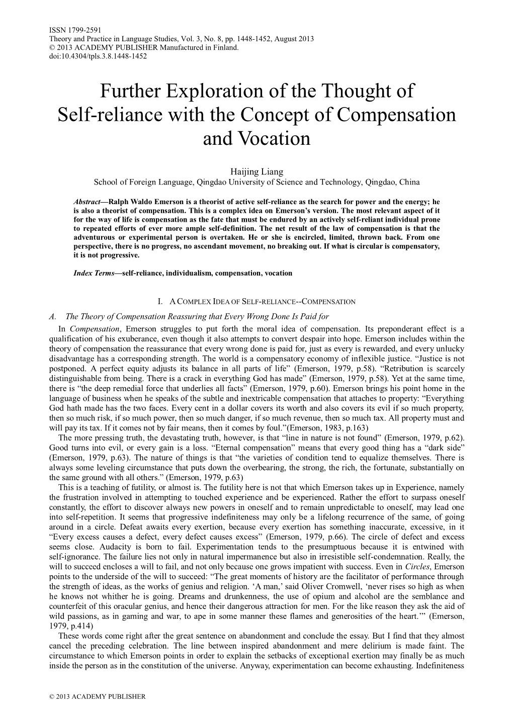 Further Exploration of the Thought of Self-Reliance with the Concept of Compensation and Vocation