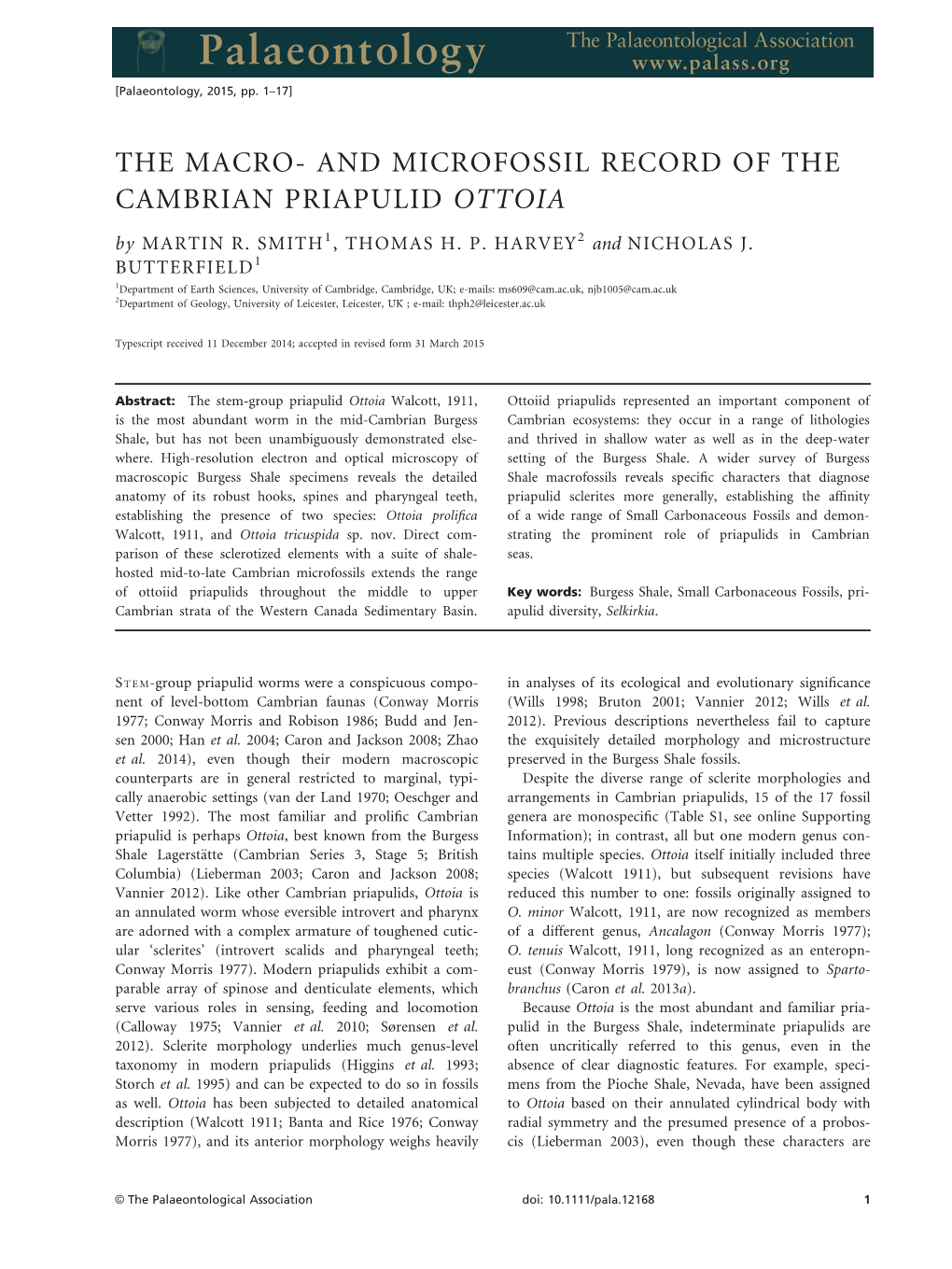 AND MICROFOSSIL RECORD of the CAMBRIAN PRIAPULID OTTOIA by MARTIN R