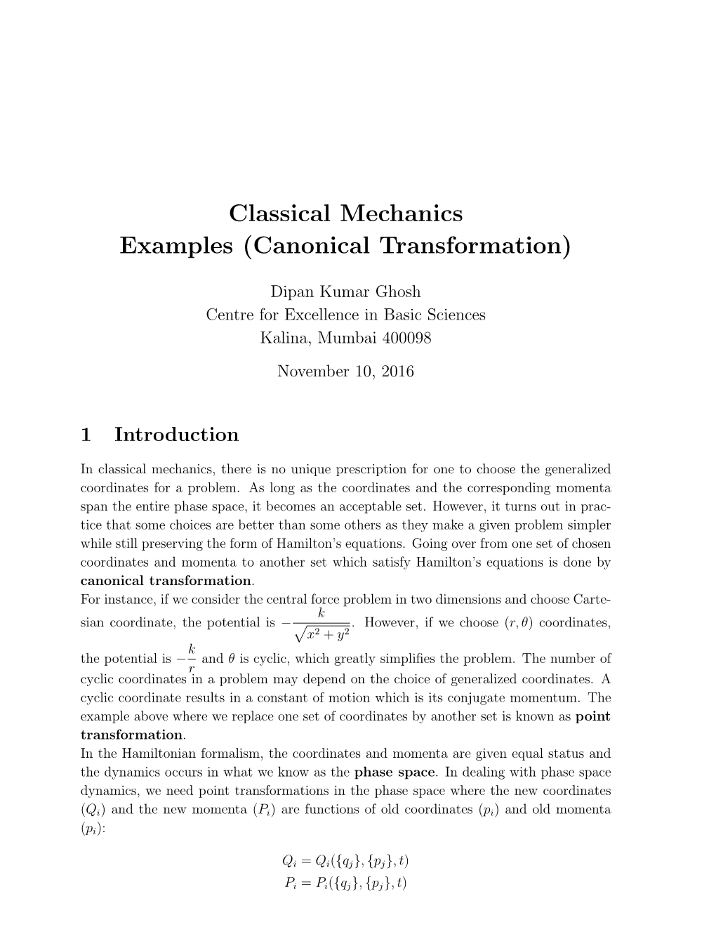 Classical Mechanics Examples (Canonical Transformation)