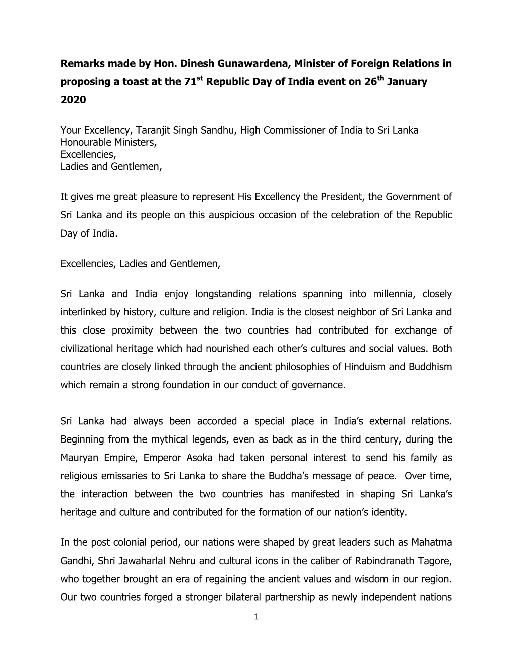 Remarks Made by Hon. Dinesh Gunawardena, Minister of Foreign Relations in Proposing a Toast at the 71St Republic Day of India Event on 26Th January 2020