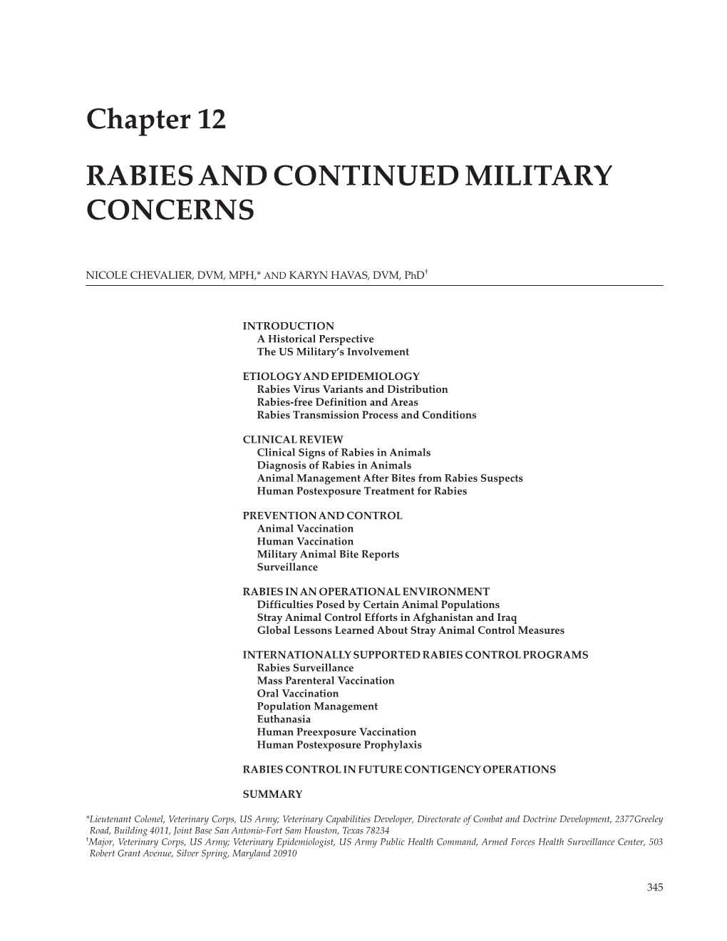 Chapter 12 RABIES and CONTINUED MILITARY CONCERNS