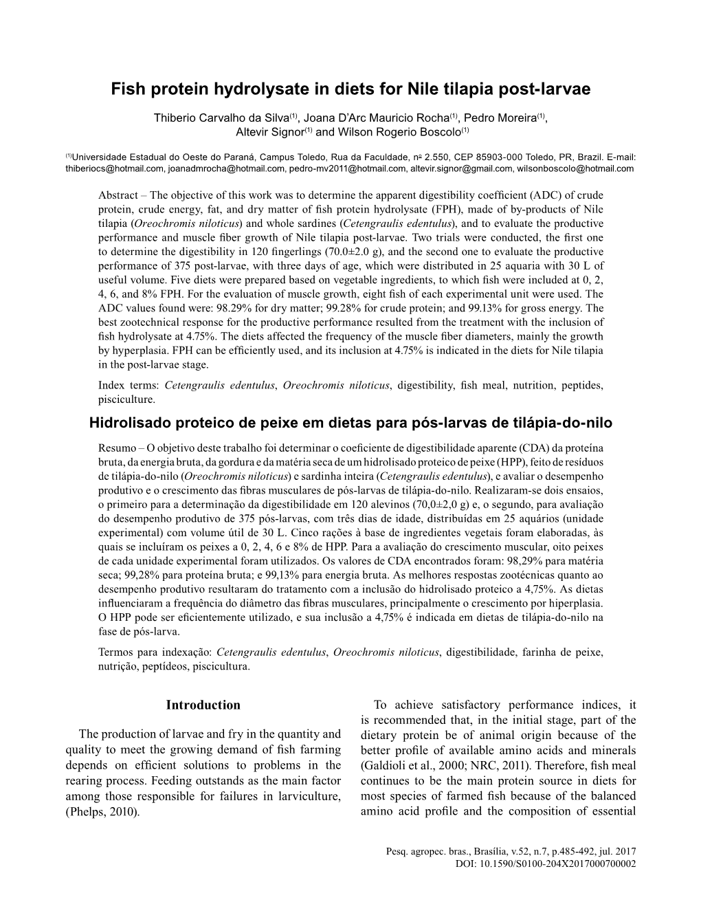 Fish Protein Hydrolysate in Diets for Nile Tilapia Post-Larvae