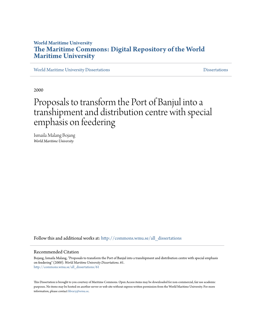 Proposals to Transform the Port of Banjul Into a Transhipment And