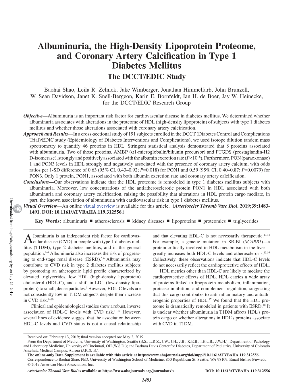 Albuminuria, the High-Density Lipoprotein Proteome, and Coronary Artery Calcification in Type 1 Diabetes Mellitus the DCCT/EDIC Study