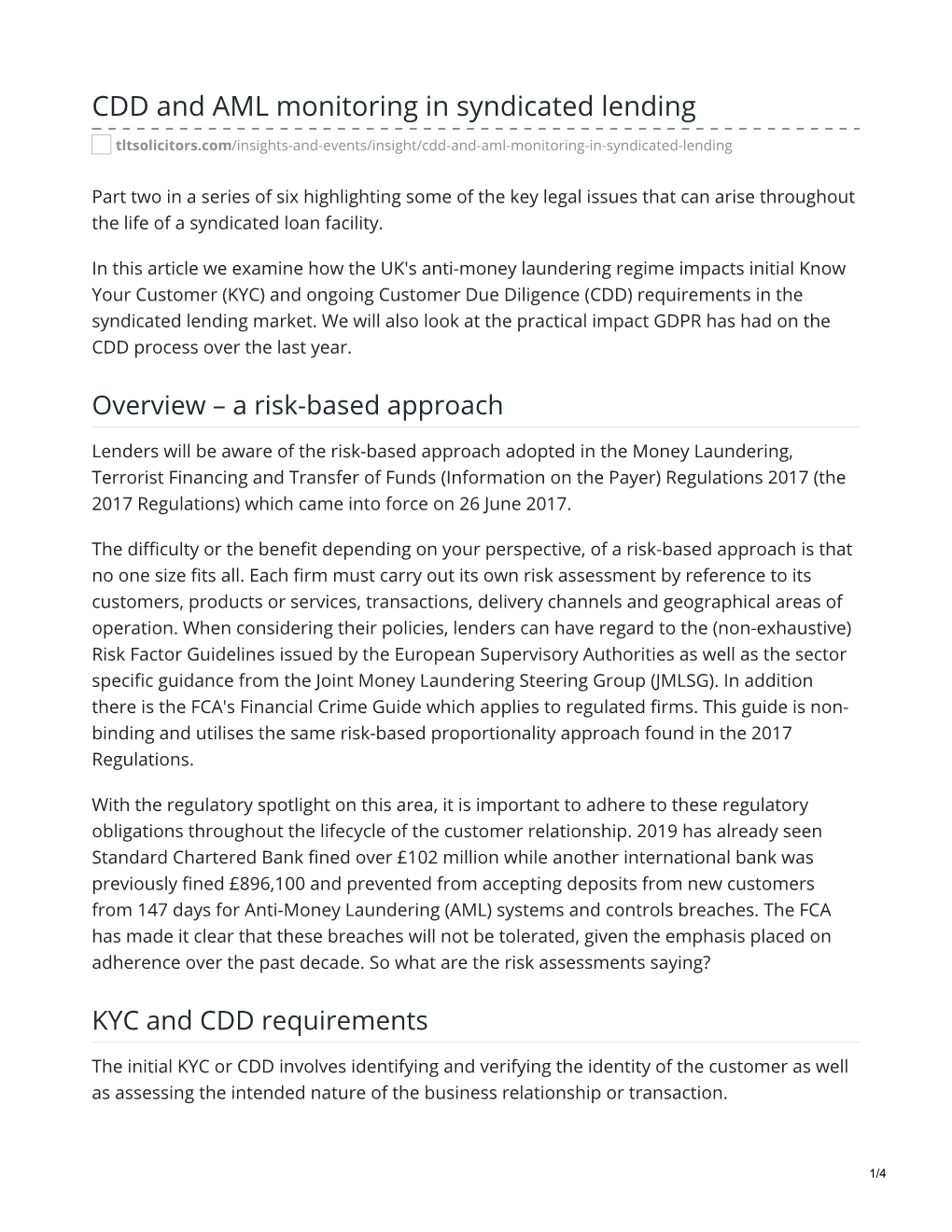 CDD and AML Monitoring in Syndicated Lending