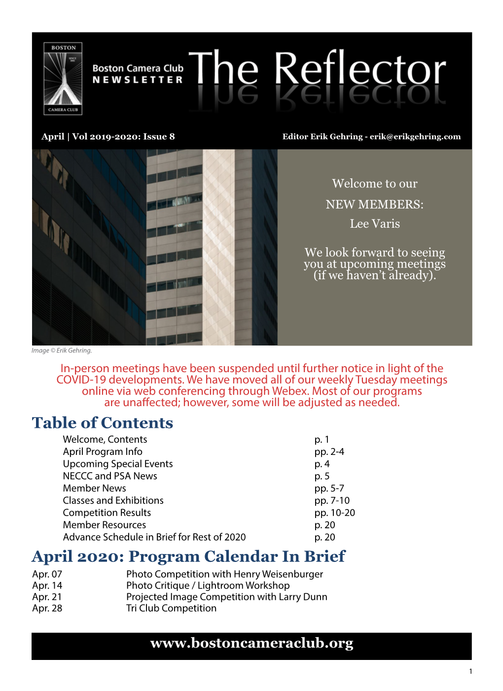 Table of Contents April 2020: Program Calendar In