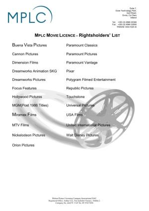MPLC MOVIE LICENCE – Rightsholders’ LIST