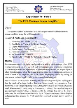 Experiment #6- Part-1 the FET Common Source Amplifier