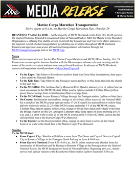 Marine Corps Marathon Transportation Metro Opens at 6 A.M