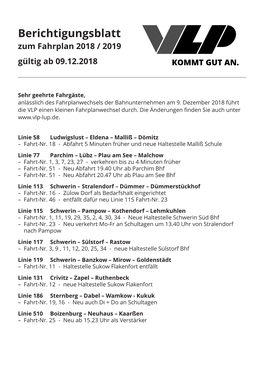 Berichtigungsblatt Zum Fahrplan 2018 / 2019 Gültig Ab 09.12.2018