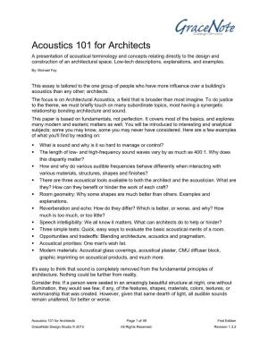 Acoustics 101 for Architects a Presentation of Acoustical Terminology and Concepts Relating Directly to the Design and Construction of an Architectural Space