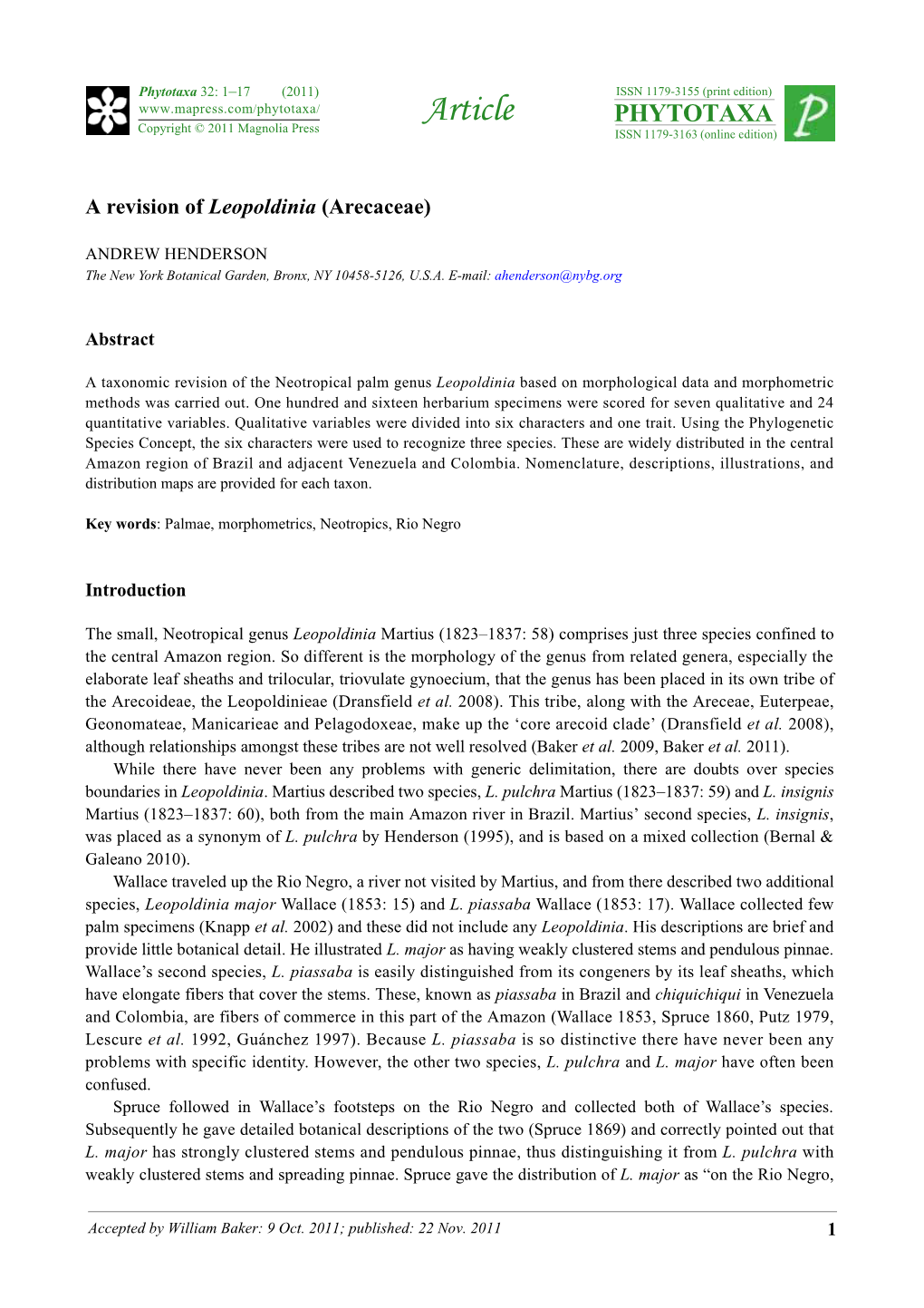 A Revision of Leopoldinia (Arecaceae)