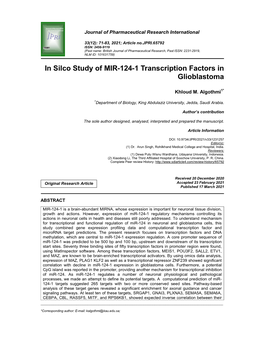 In Silco Study of MIR-124-1 Transcription Factors in Glioblastoma
