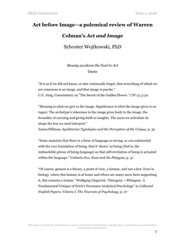 Act Before Image—A Polemical Review of Warren Colman's Act and Image