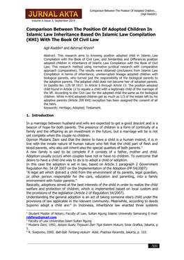 Comparison Between the Position of Adopted Children in Islamic Law Inheritance Based on Islamic Law Compilation (KHI) with the Book of Civil Law