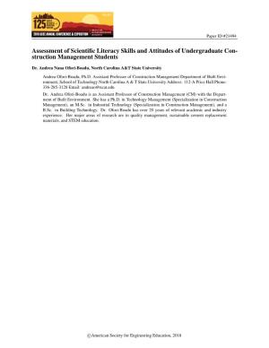 Assessment of Scientific Literacy Skills and Attitudes of Undergraduate