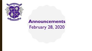 Announcements February 28, 2020