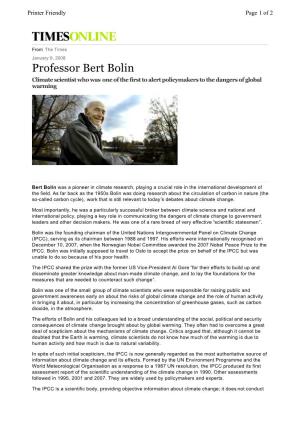 Professor Bert Bolin Climate Scientist Who Was One of the First to Alert Policymakers to the Dangers of Global Warming
