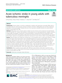 Acute Ischemic Stroke in Young Adults with Tuberculous Meningitis Liming Zhang1, Xiaoyu Zhang2, Huaqiang Li1,3, Gang Chen1* and Meijia Zhu2*
