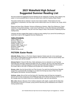 2021 Wakefield High School Suggested Summer Reading List