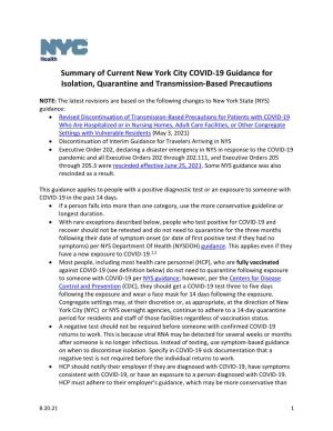 Summary of Current New York City COVID-19 Guidance for Quarantine