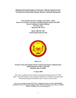 Reducing Potential Impact of Invasive Marine Species in the Northwestern Hawaiian Islands Marine National Monument