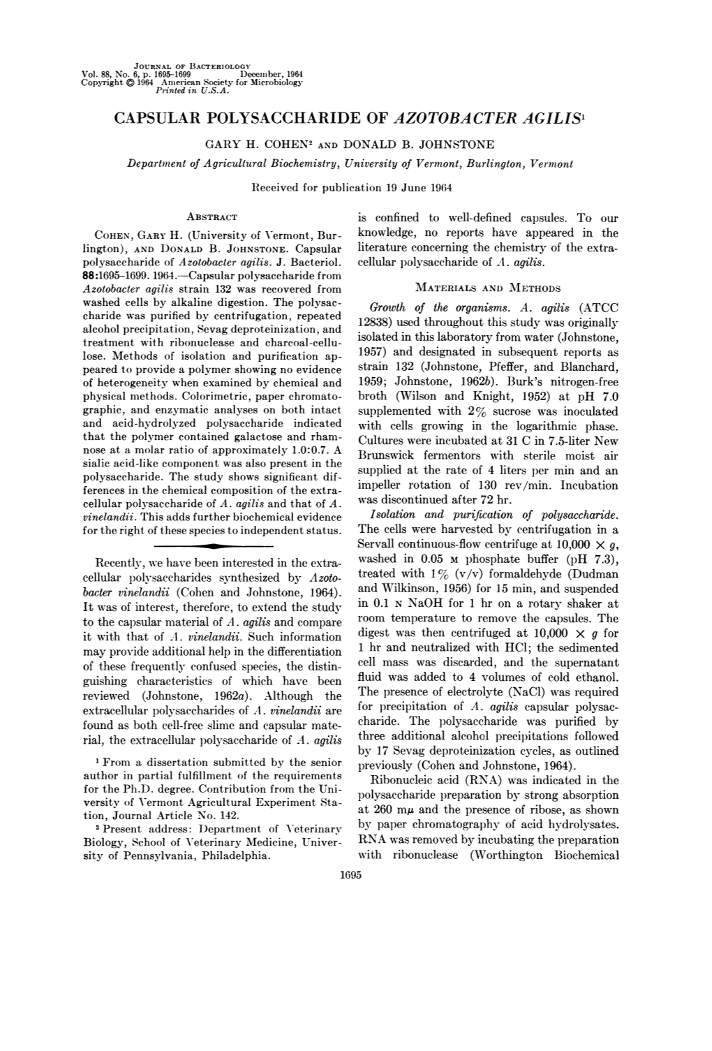 Capsular Polysaccharide of Azotobacter Agilis' Gary H