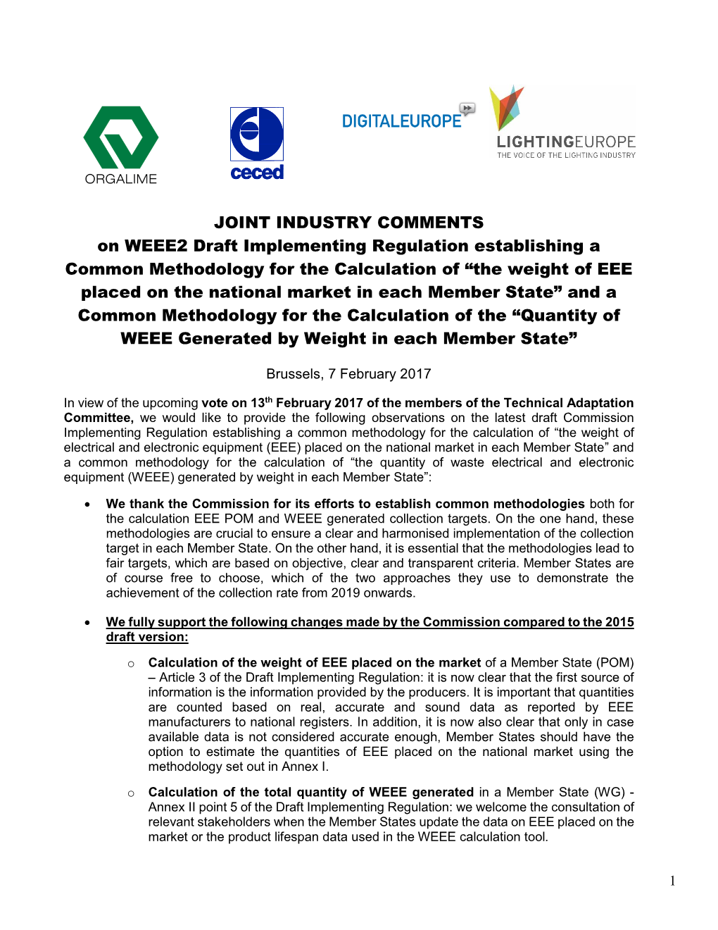 JOINT INDUSTRY COMMENTS on WEEE2 Draft Implementing Regulation Establishing a Common Methodology for the Calculation of “The