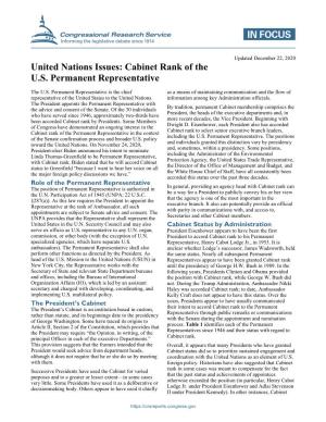 United Nations Issues: Cabinet Rank of the US