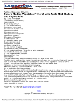 Pakora (Indian Vegetable Fritters) with Apple Mint Chutney and Yogurt Raita