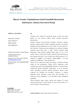 Öğrenci Taraftar Topluluklarının Futbol Fanatiklik Düzeylerinin Belirlenmesi: Akdeniz Üniversitesi Örneği