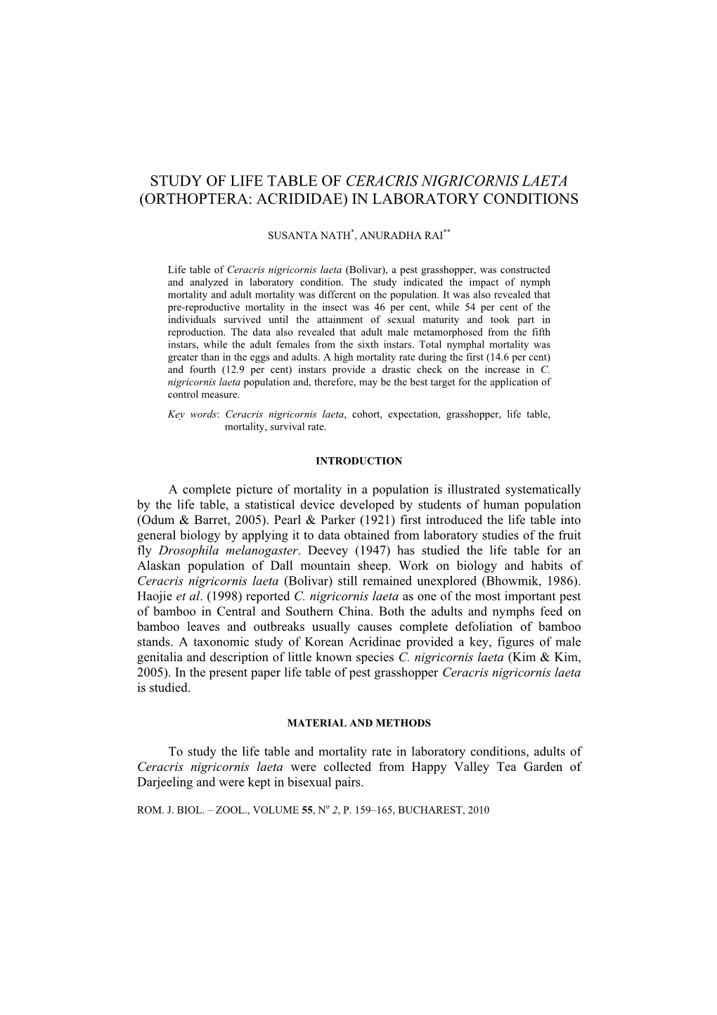 Study of Life Table of Ceracris Nigricornis Laeta (Orthoptera: Acrididae) in Laboratory Conditions