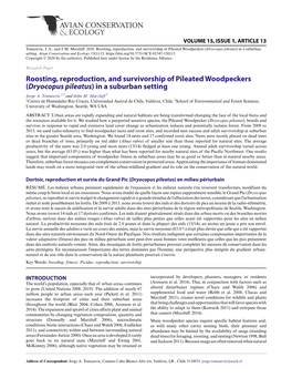 Roosting, Reproduction, and Survivorship of Pileated Woodpeckers (Dryocopus Pileatus) in a Suburban Setting