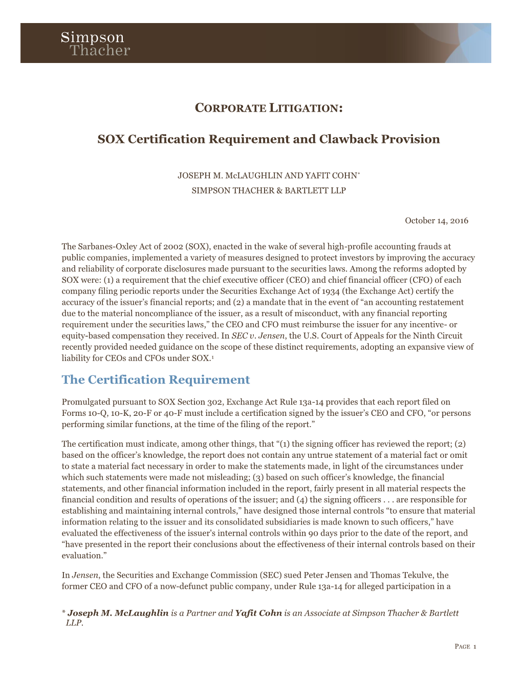Corporate Litigation: SOX Certification Requirement and Clawback