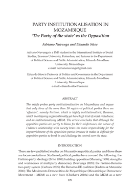 PARTY INSTITUTIONALISATION in MOZAMBIQUE ‘The Party of the State’ Vs the Opposition