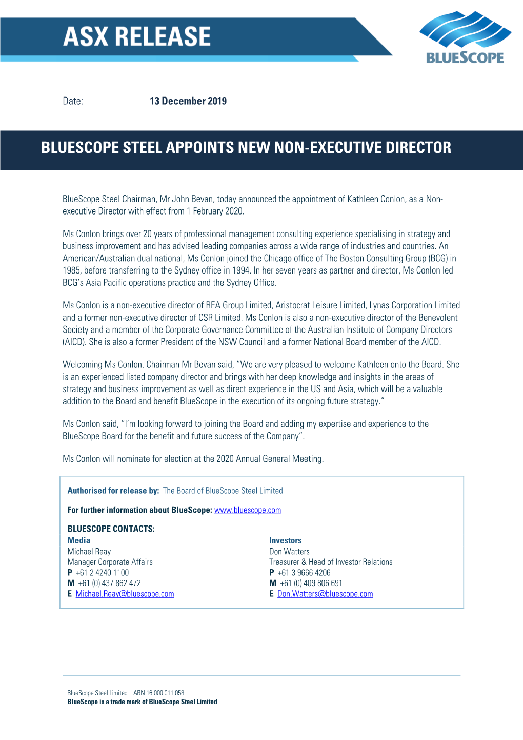 Bluescope Steel Asx Release