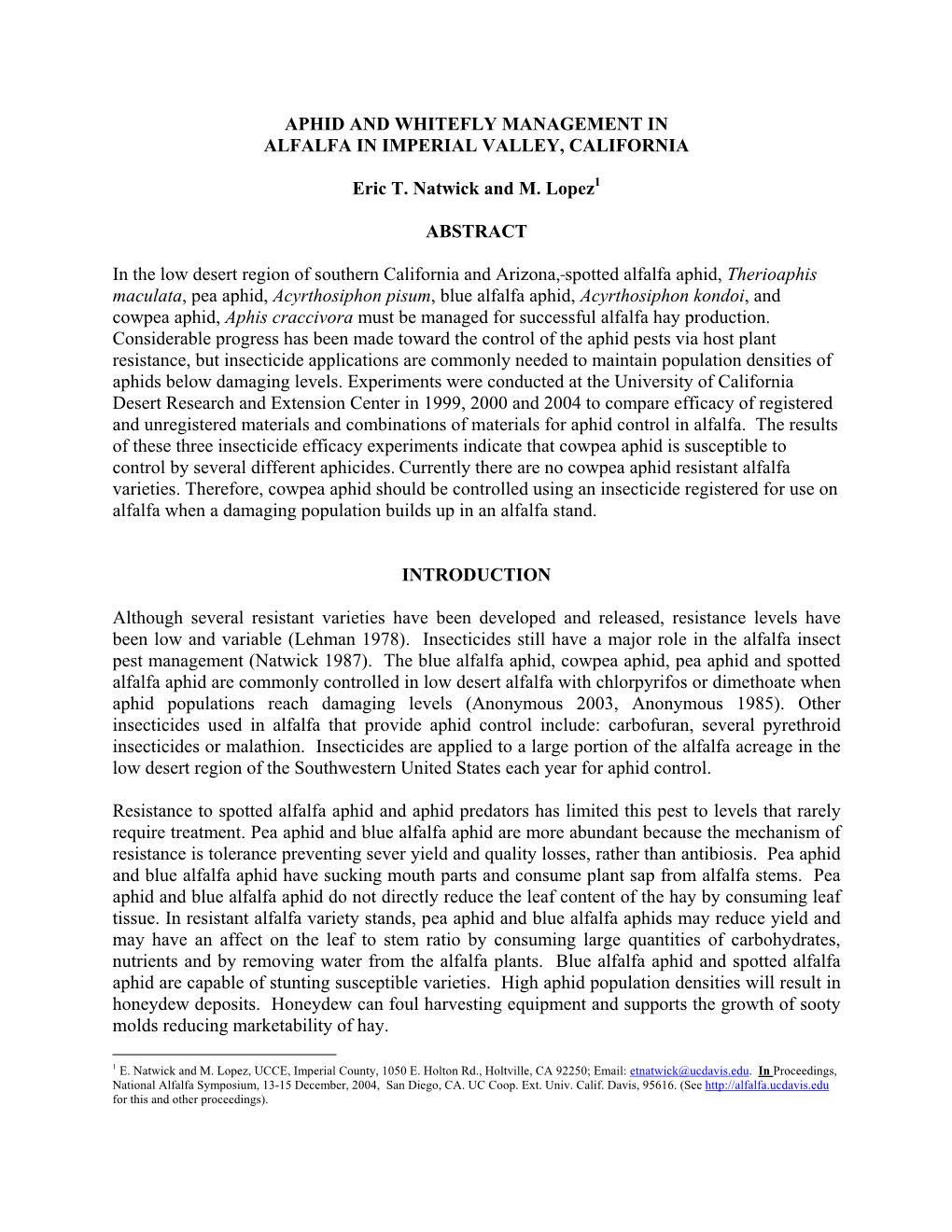 Aphid and Whitefly Management in Alfalfa in Imperial Valley, California