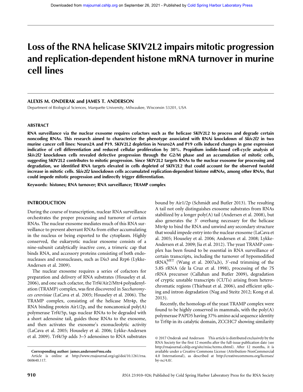 Loss of the RNA Helicase SKIV2L2 Impairs Mitotic Progression and Replication-Dependent Histone Mrna Turnover in Murine Cell Lines