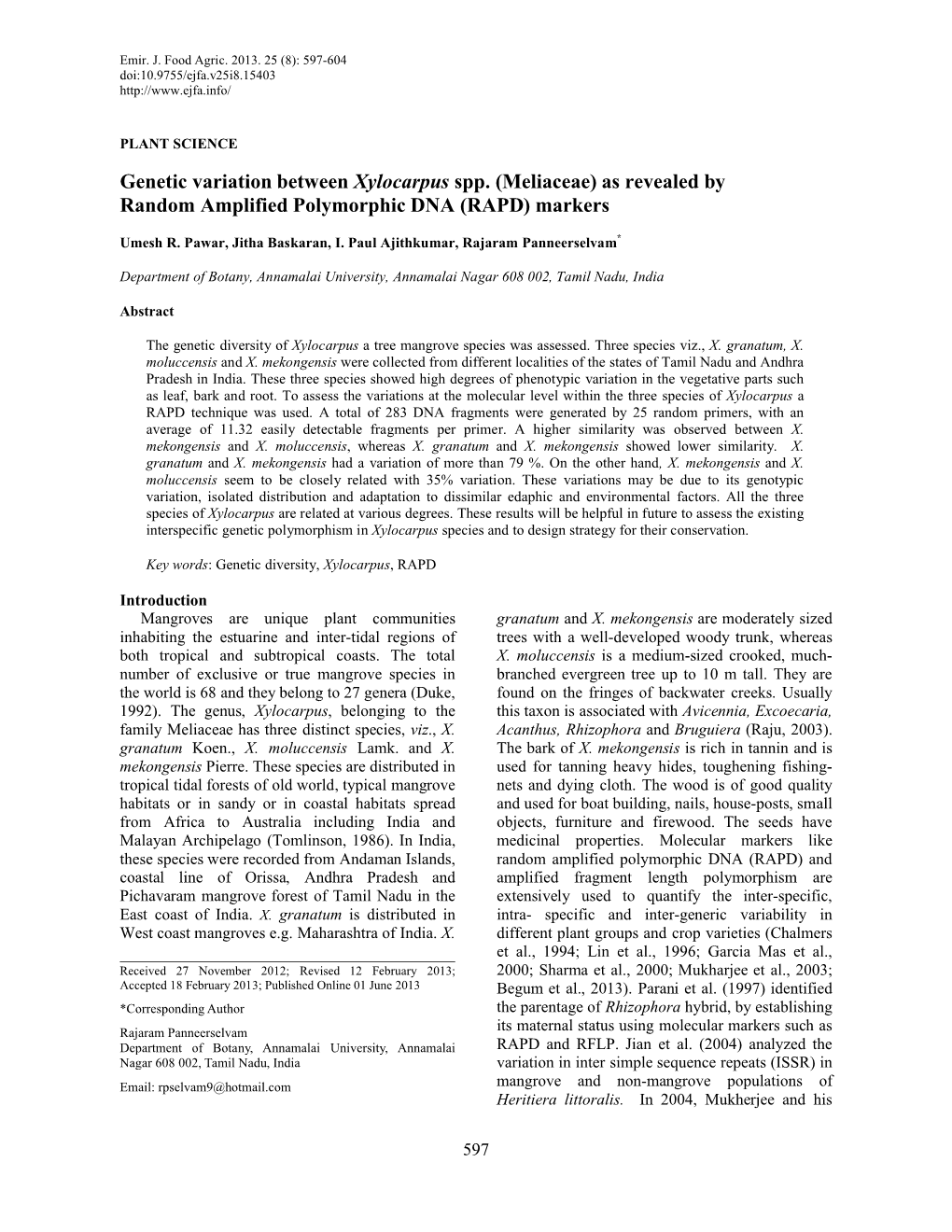 Genetic Variation Between Xylocarpus Spp. (Meliaceae) As Revealed by Random Amplified Polymorphic DNA (RAPD) Markers